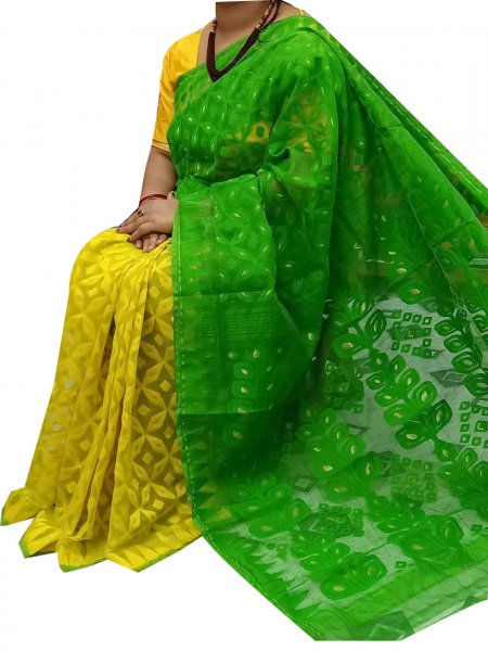 Yellow and green dhakai jamdani high quality saree